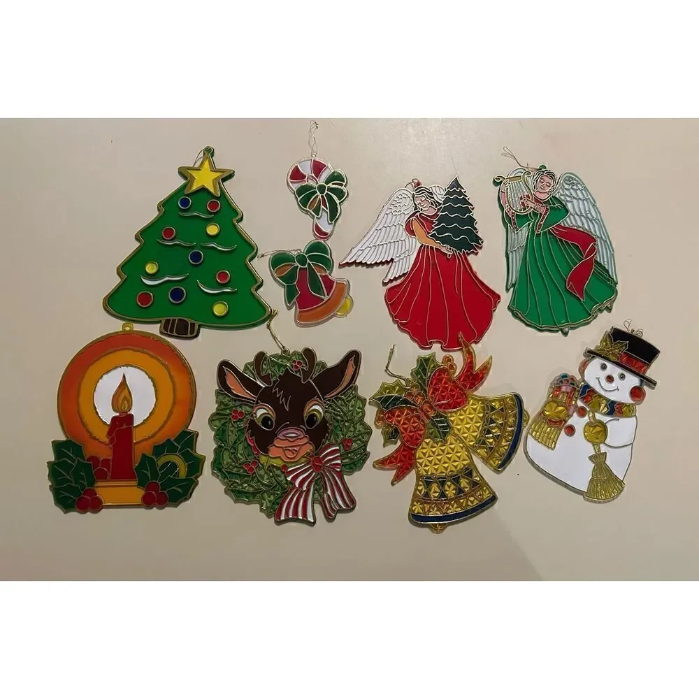 VINTAGE LARGER STAINED GLASS LOOK WINDOW ORNAMENT SUNCATCHERS CHRISTMAS MCM
